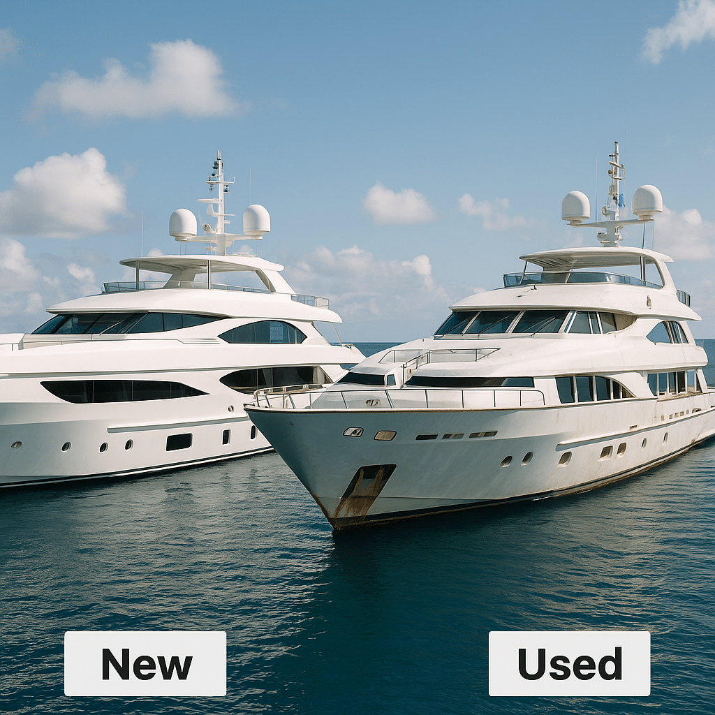 New vs. Used: What’s the Better Move? – side-by-side comparison of a modern white yacht and an older, weathered yacht docked in calm waters.