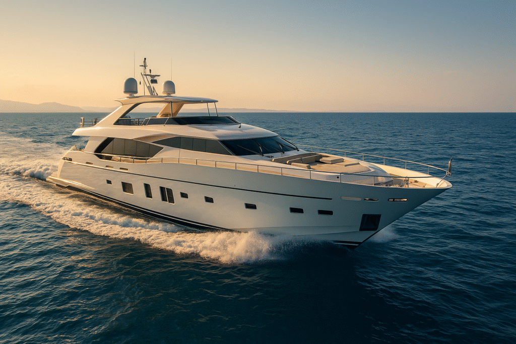 Luxury 100 ft yacht charter cruising through blue ocean waters under clear skies.
