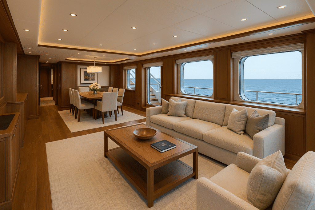 What Does a 100 ft Charter Boat Actually Look Like Inside? – Luxurious main salon and dining area with ocean views.