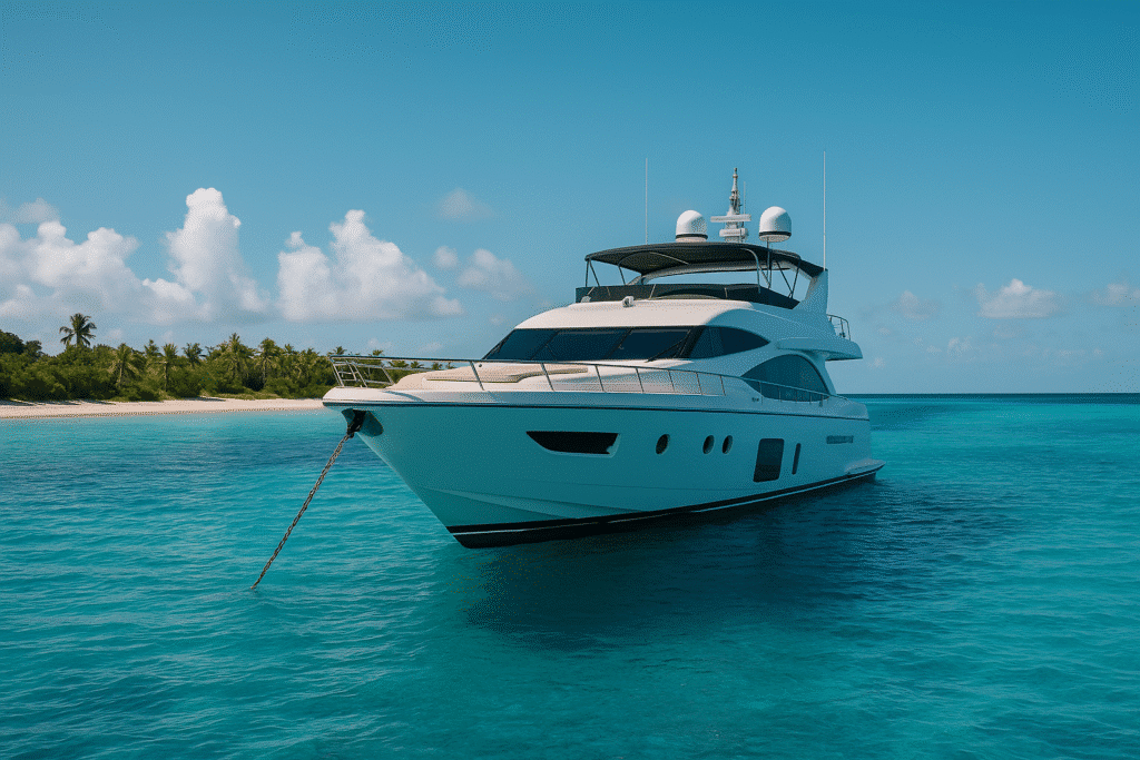 Day Trips vs. Weeklong Charters – What’s Better for You? Luxury yacht anchored in turquoise waters near tropical island.
