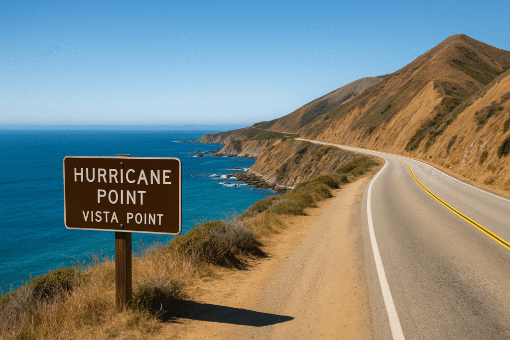 Highway 1 winding along the cliffs with the Pacific Ocean in view, showing where exactly is Hurricane Point Vista Point.
