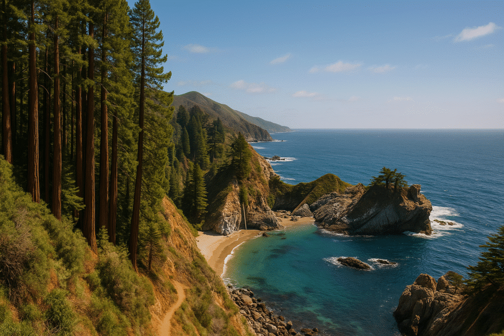 Redwood forest trail leading to rugged cliffs and turquoise waters, showing why Big Sur hiking is different from anywhere else.