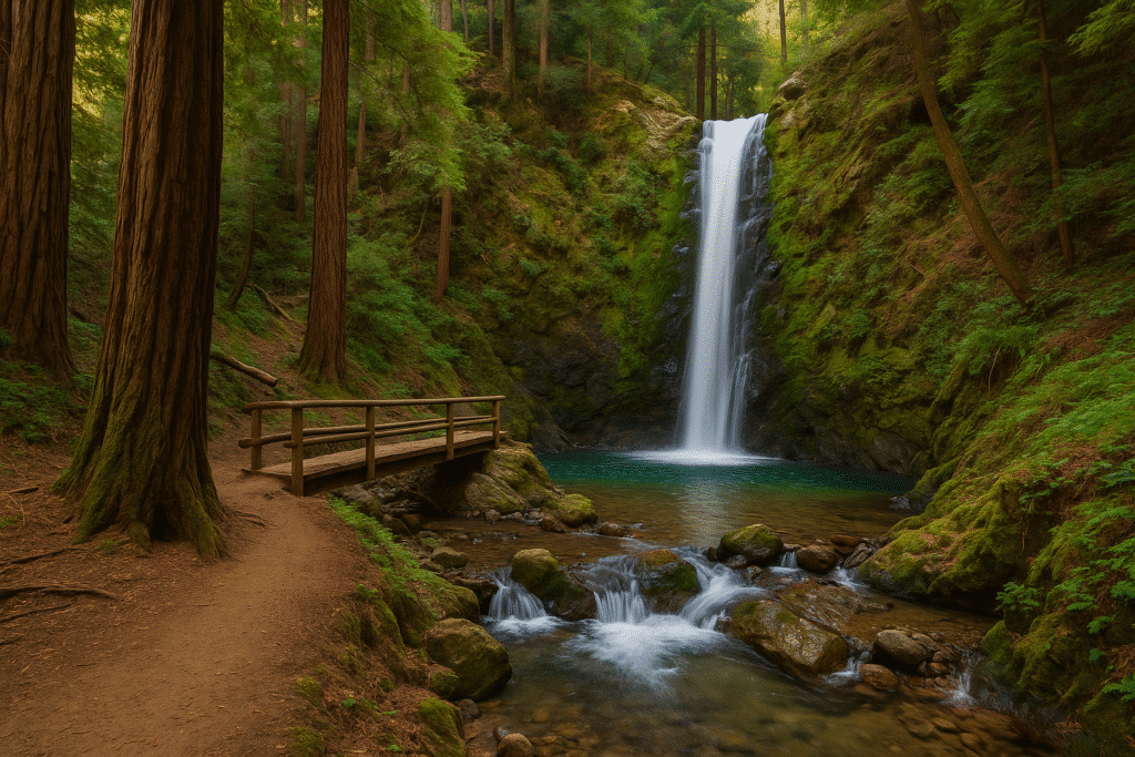 Waterfall along a forest trail with a wooden bridge, showcasing one of the best Big Sur hikes you can’t skip.