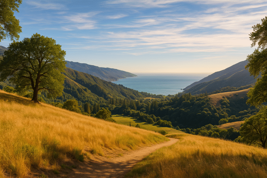Golden meadow path with ocean and valley views, showcasing the beauty of Valley View and Oak Grove Trails – Big Sur in wide-angle.