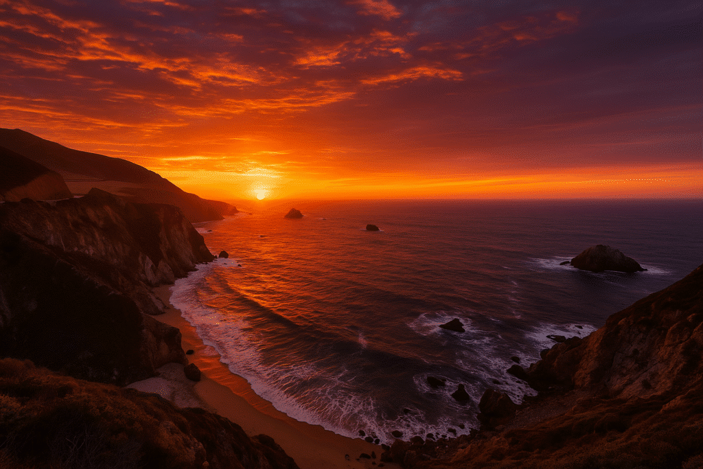 A breathtaking Big Sur sunset with golden and purple hues over the Pacific Ocean, cliffs, and crashing waves.