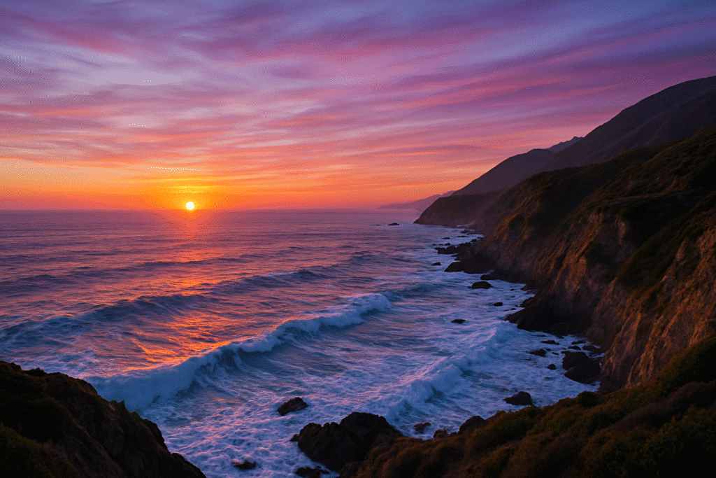 Waves crash against rugged cliffs during a vivid Big Sur sunset with pink, orange, and purple hues over the Pacific Ocean.