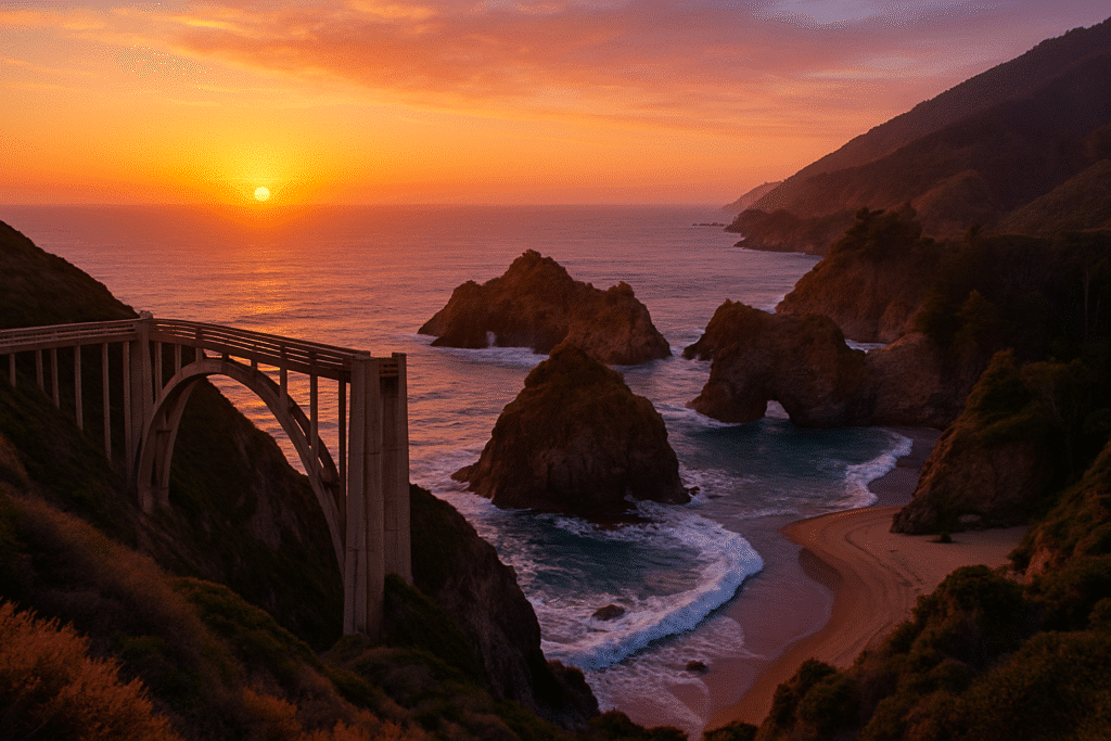 Bixby Bridge and rugged cliffs glowing under a vibrant sunset, showcasing Best Sunset Spots Big Sur – My Top Picks.