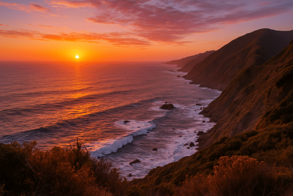 Ragged Point – Underrated Sunset Views with vibrant orange skies, rugged cliffs, and waves crashing along the Big Sur coastline.