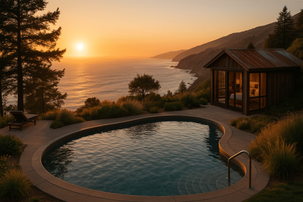 Luxury cliffside cabin with an infinity pool overlooking the Pacific Ocean, showcasing the best places to stay for a romantic escape.