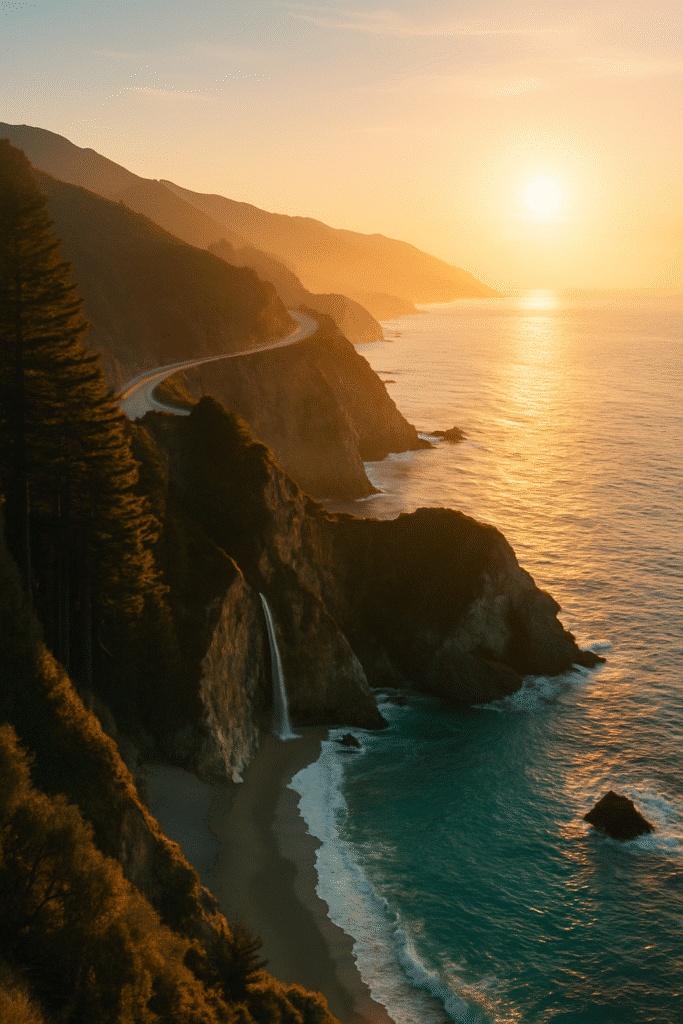 Golden sunset over Big Sur cliffs and Pacific Ocean, showcasing why Big Sur is the perfect spot for romance.