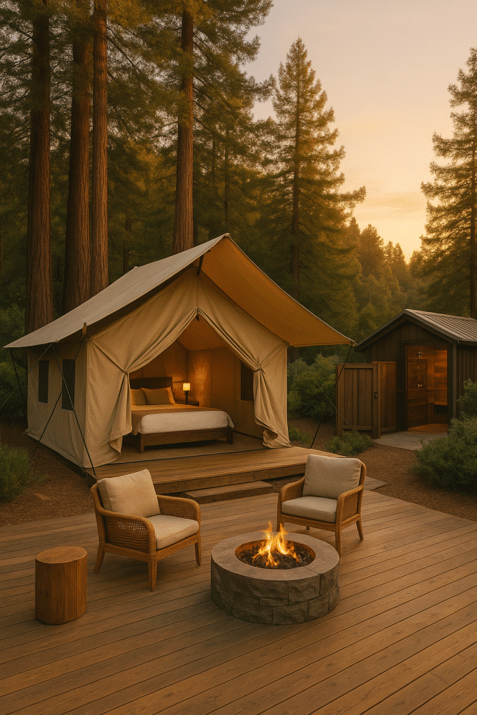 Luxury glamping tent at Alila Ventana Big Sur with a cozy fire pit, surrounded by redwoods at sunset.