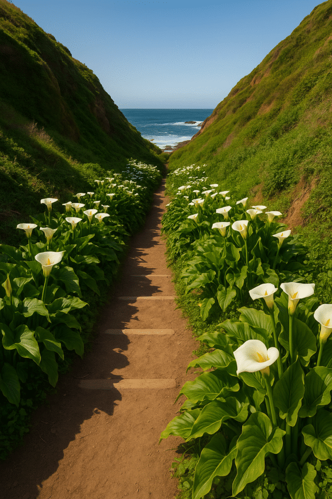 Where Exactly is Calla Lily Valley in Big Sur – a dirt path lined with blooming calla lilies leading to the Pacific Ocean.