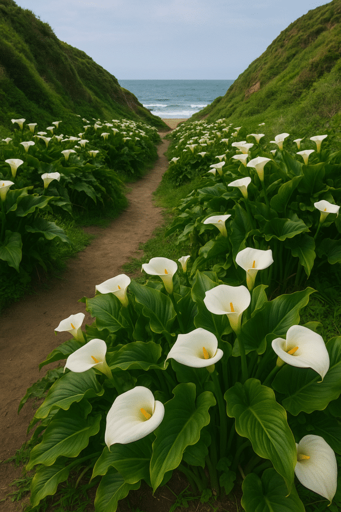 What to Expect on the Hike – a dirt trail lined with blooming calla lilies leading to the Pacific Ocean in Big Sur.