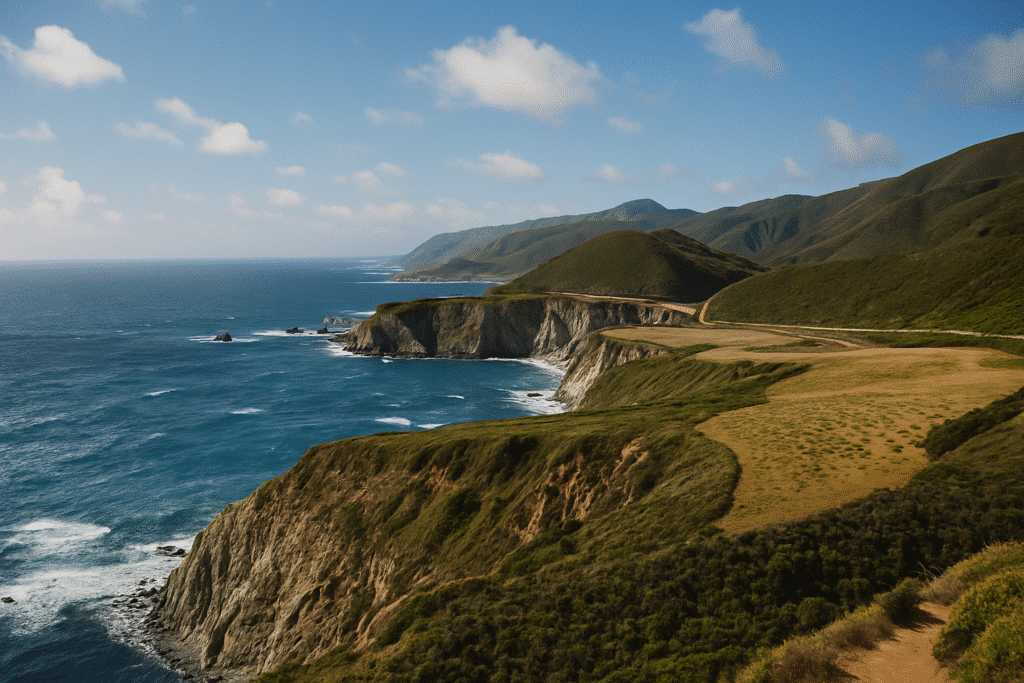 A breathtaking coastal view from Hurricane Point Big Sur, showing rugged cliffs, winding Highway 1, and the blue Pacific Ocean under a clear sky.