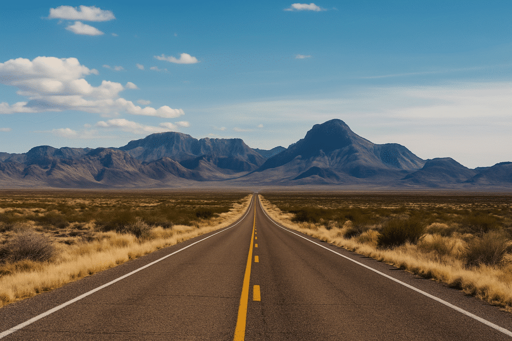 Open desert highway with distant mountains on the Marfa to Big Bend route in West Texas under a bright blue sky.
