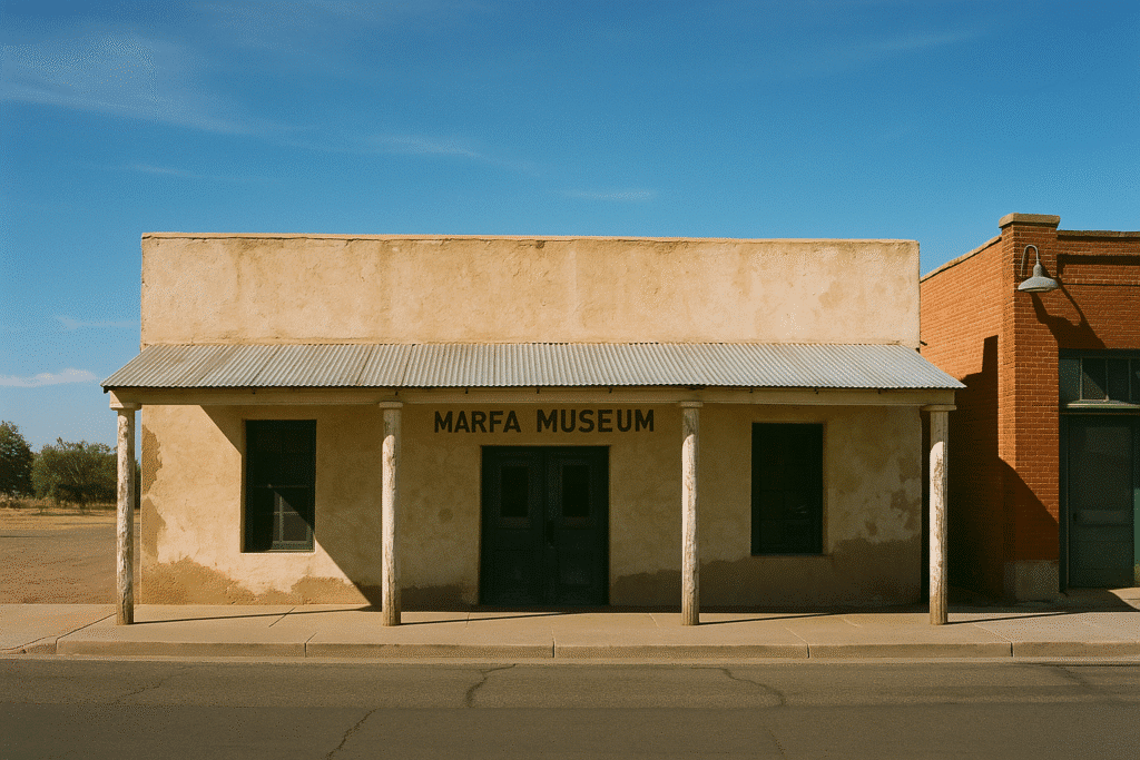 Historic Marfa Museum building in West Texas with adobe walls and rustic desert charm under a clear blue sky.