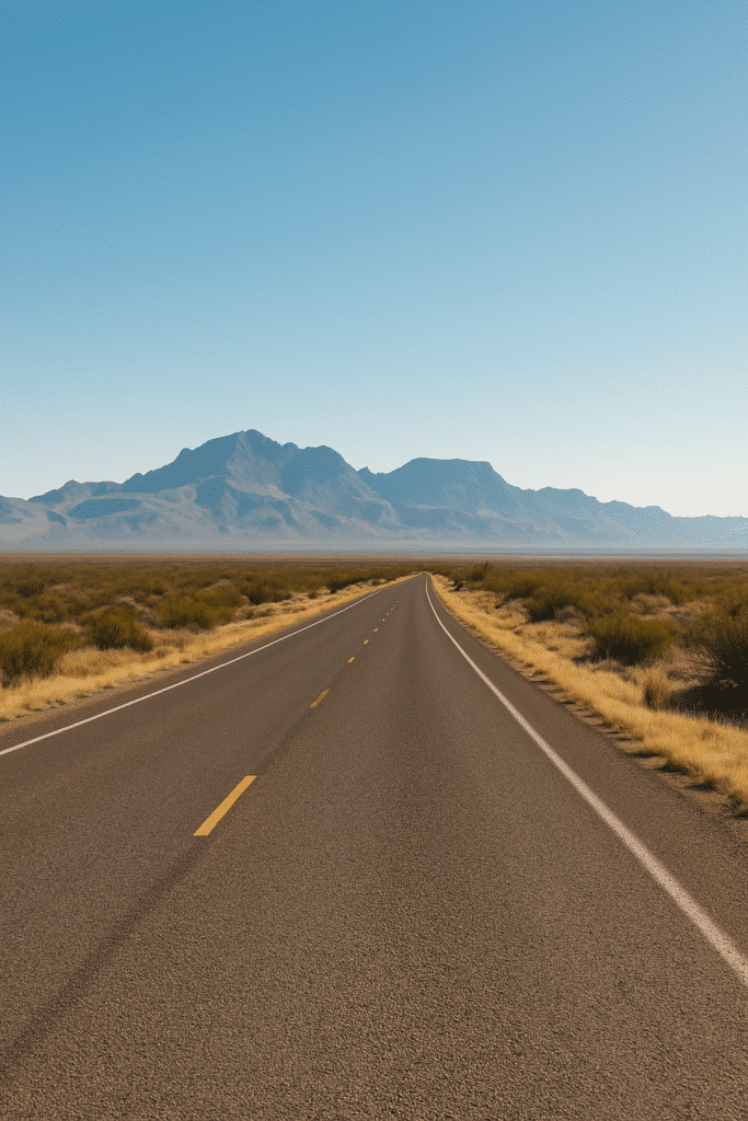 Open desert highway stretching toward distant mountains along the Marfa to Big Bend route in West Texas.