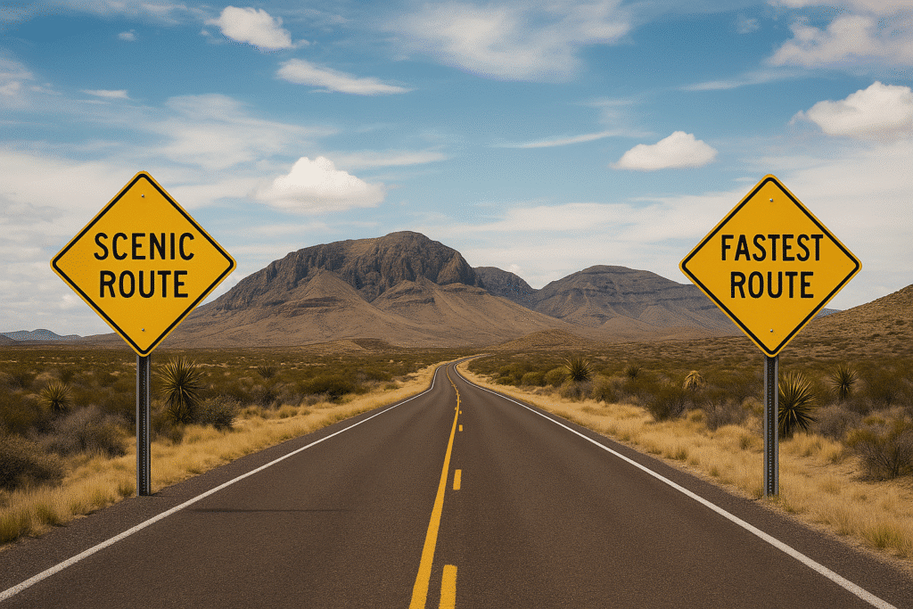 Desert highway with distant mountains showing a split between scenic and fastest routes on the Marfa to Big Bend drive.