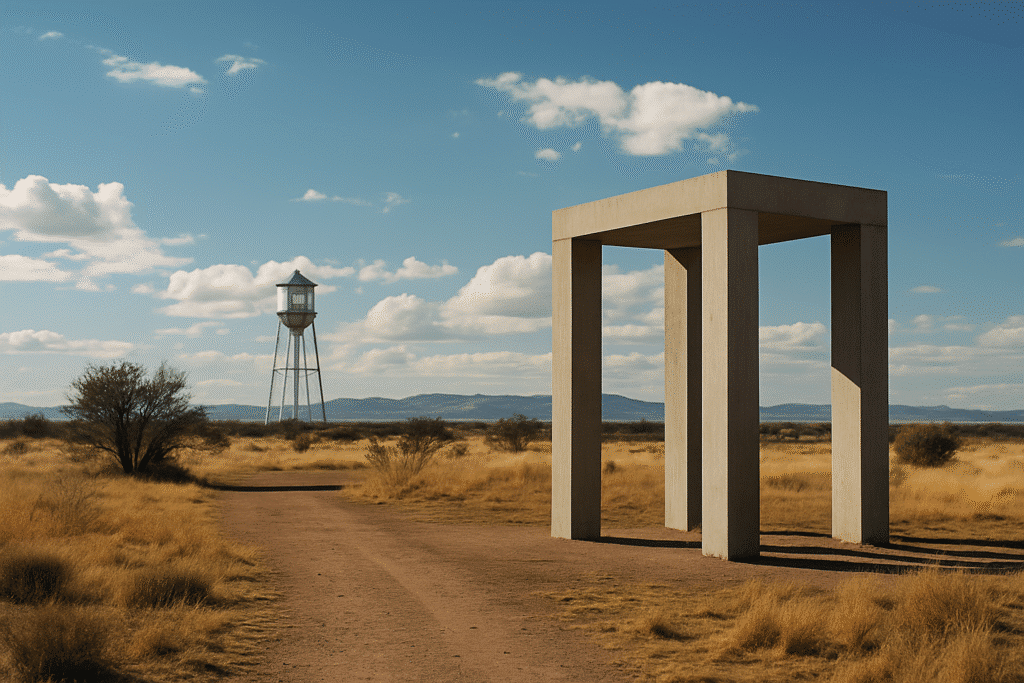 Minimalist desert art installation with the Marfa water tower in the distance, reflecting What Makes Marfa So Different?