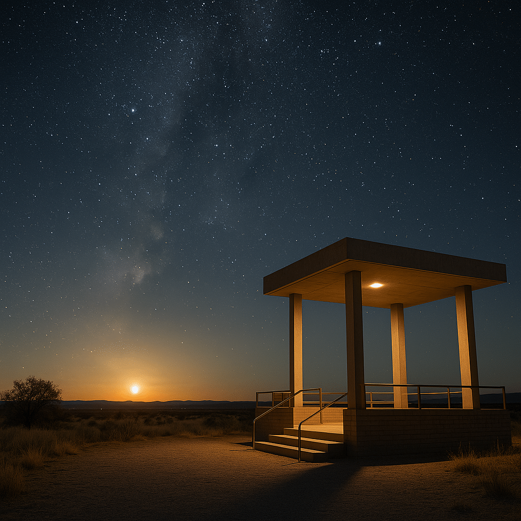 Starry night sky at the Marfa Lights Viewing Area with a glowing horizon, showcasing The Famous Marfa Lights – Weird but Cool.
