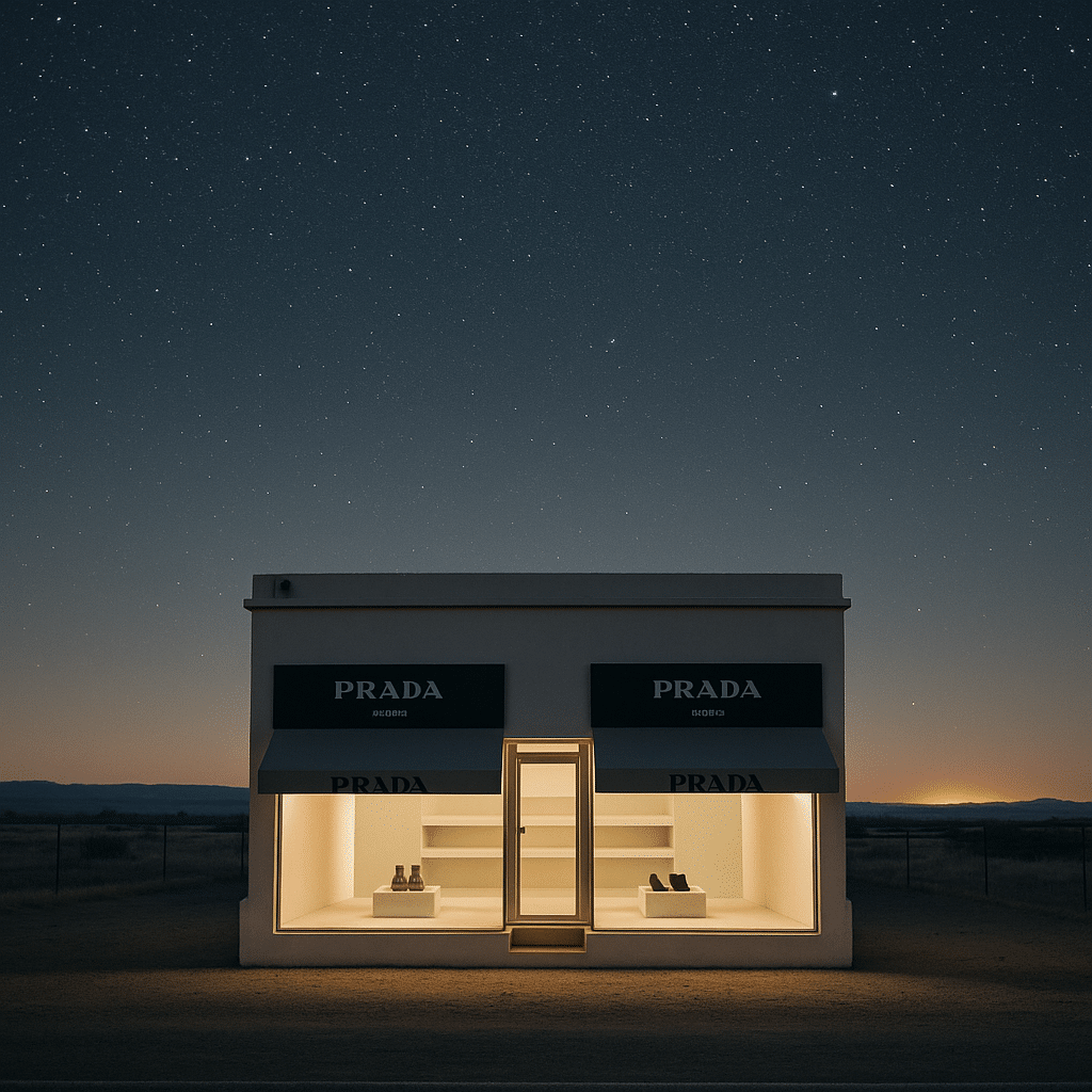 Prada Marfa installation at night under a starry sky, perfectly capturing Art Everywhere – From Prada Marfa to Local Galleries.