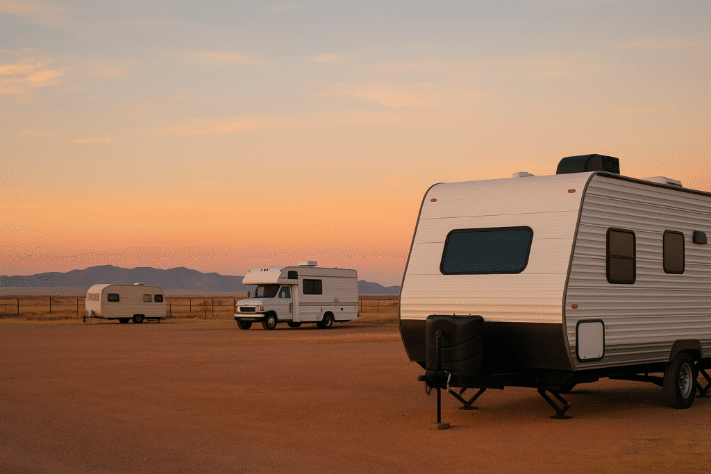 Sunset view of a marfa rv park with RVs parked on a desert lot and mountains in the background.