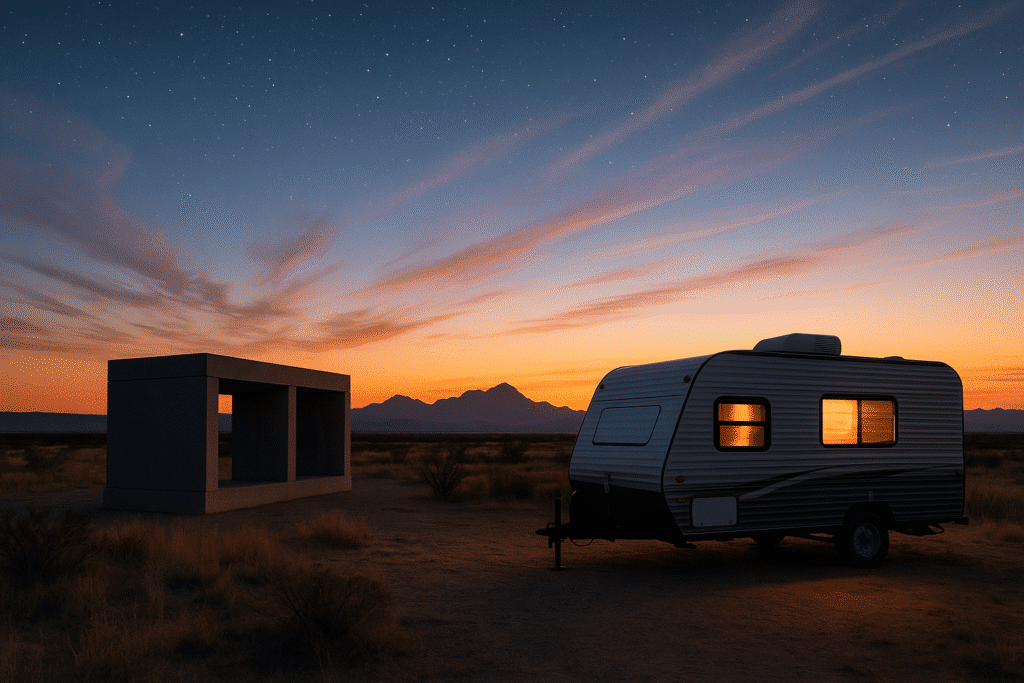 A travel trailer at sunset near a desert art installation, capturing why RV travelers love Marfa.