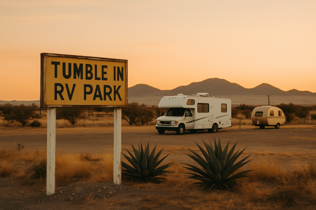 Entrance sign and RVs at Tumble In Marfa RV Park – the local favorite, with desert mountains at sunset.