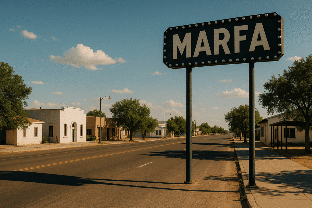 Street view of Marfa, Texas with vintage Marfa sign and desert town vibe – perfect starting point for exploring things to do in Marfa.