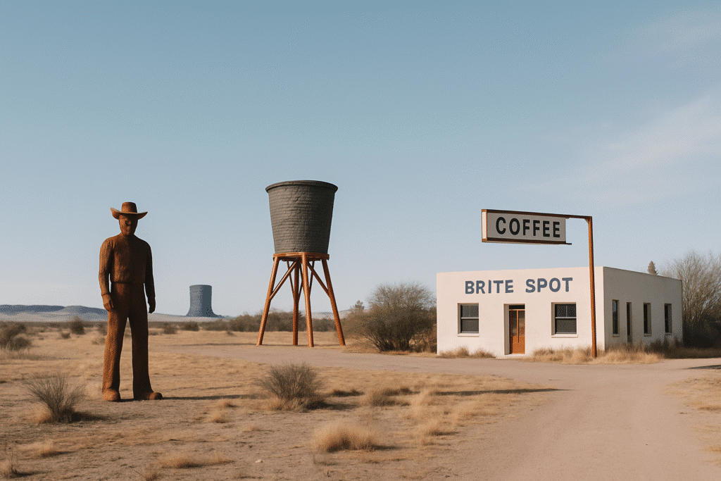Desert art installation with a cowboy statue and quirky café, perfectly capturing A Quick Take on Marfa’s Weird, Artsy Vibe.