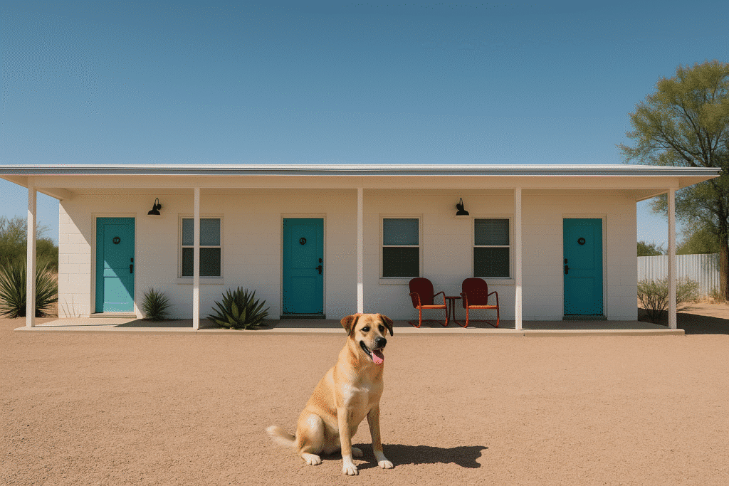 A tan dog sitting outside a retro desert-style motel with turquoise doors, representing marfa hotels pet friendly.