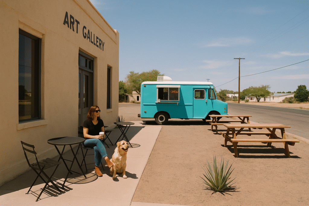 A woman with her dog relaxing outside an art gallery and food truck, capturing A Quick Look at Marfa’s Laid-Back Vibe.