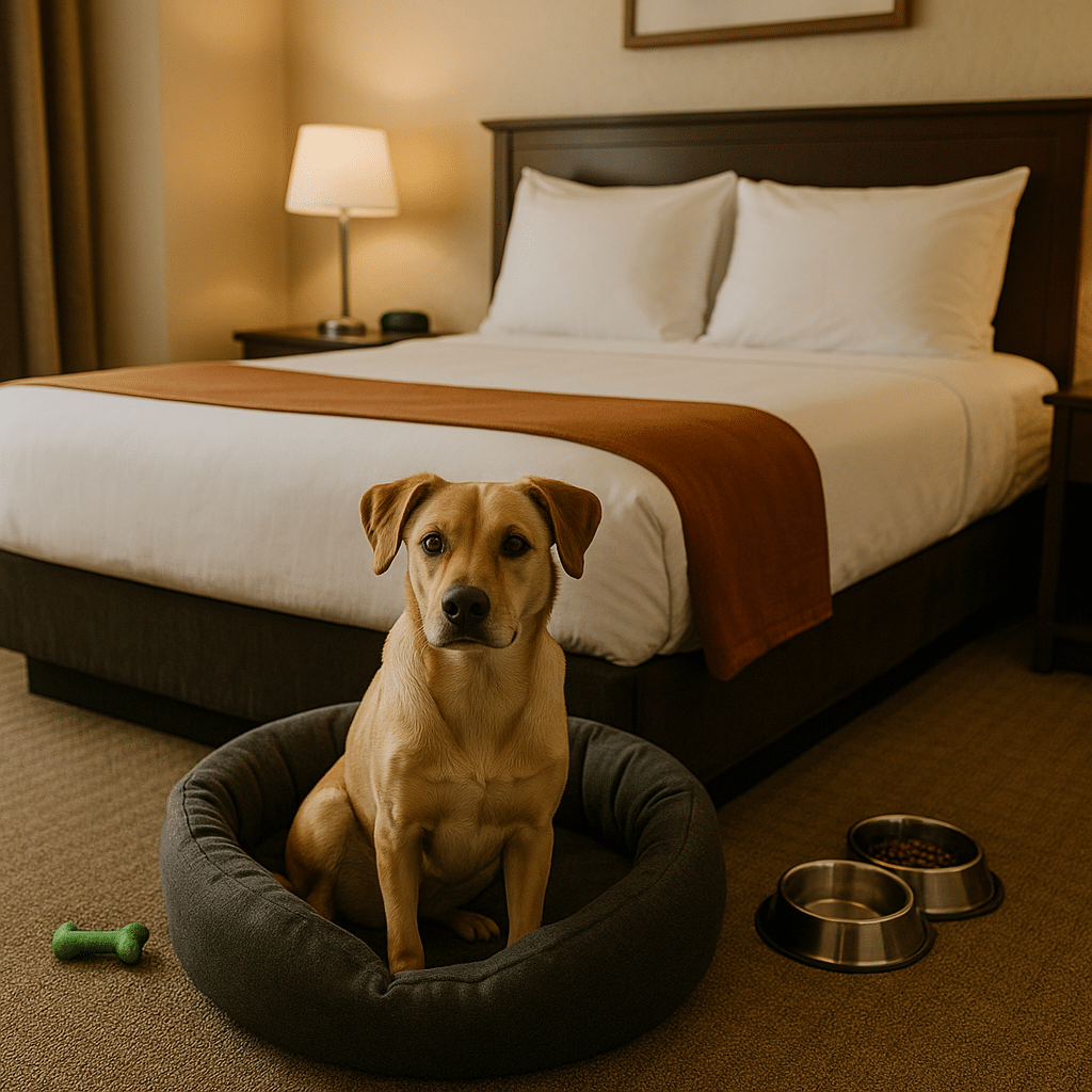 A dog sitting on a pet bed in a cozy hotel room with food bowls, showing What Makes a Hotel Truly Pet Friendly in Marfa?