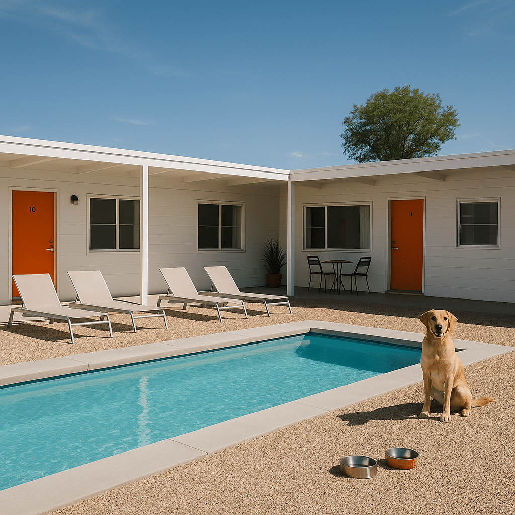 A dog sitting by a pool at a stylish motel with orange doors, representing Top Pet Friendly Hotels in Marfa, TX.
