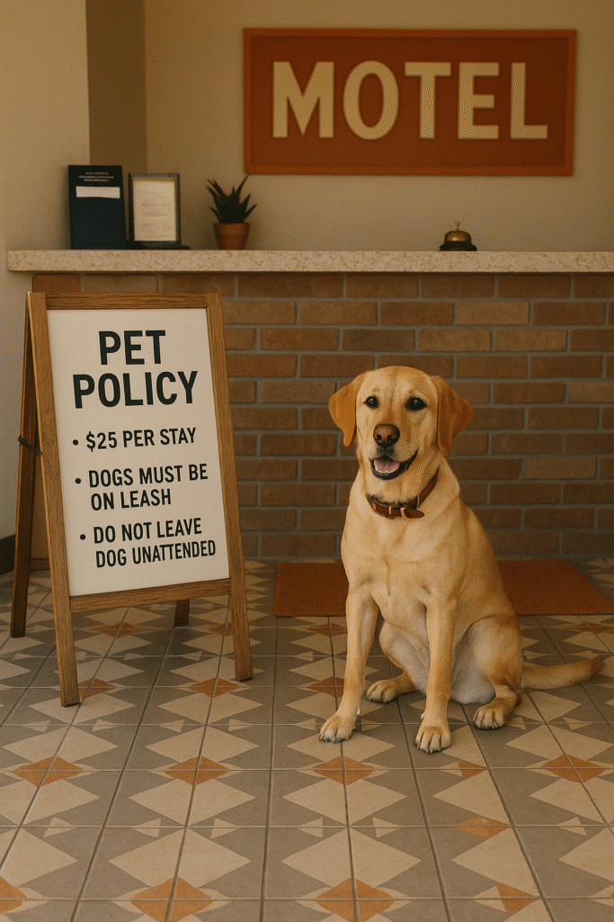 A Labrador sitting beside a pet policy sign in a motel lobby, illustrating Pet Fees & Rules You Need to Know.