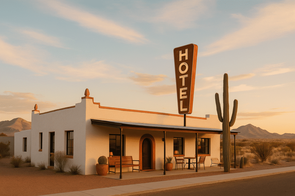 Exterior view of a desert-style building with cacti and mountains at sunset, representing the unique charm of Marfa boutique hotels.
