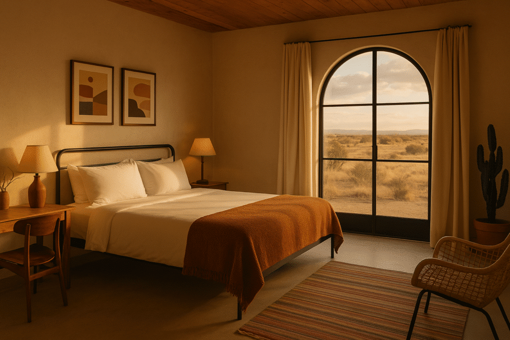 A cozy desert-inspired hotel room with warm lighting and minimalist décor, reflecting the charm of Why Marfa Is Obsessed With Boutique Hotels.