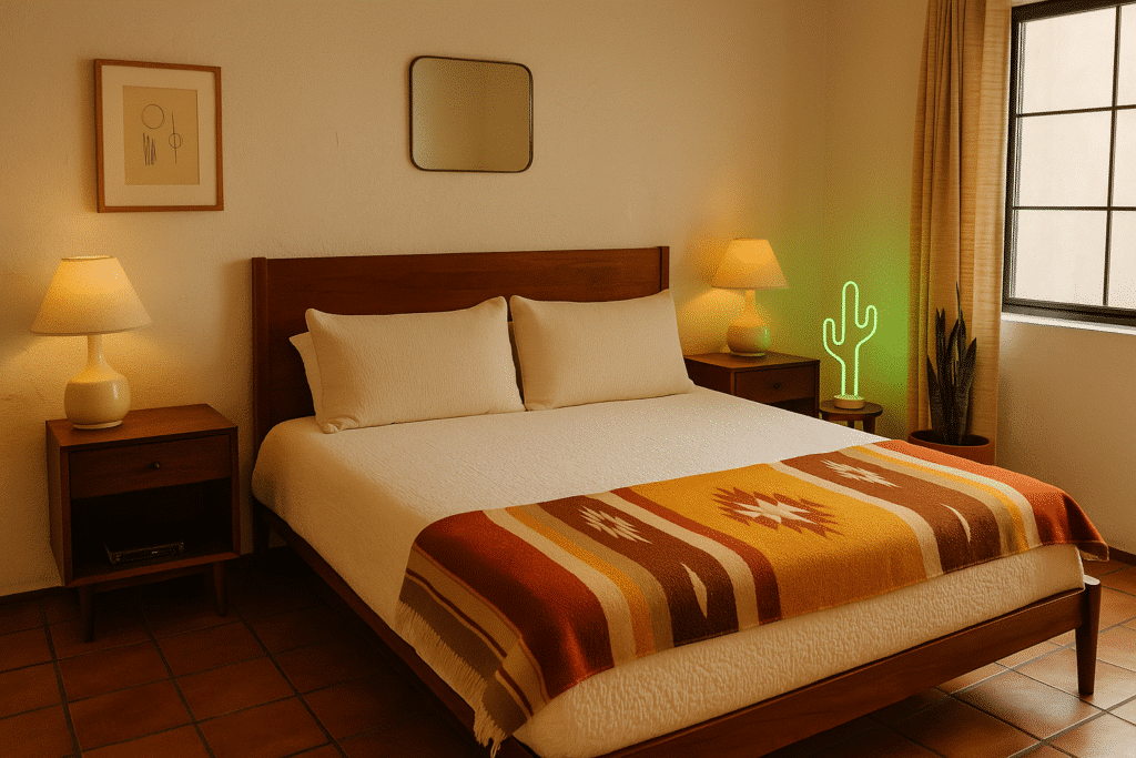 A cozy room with Southwestern décor, featuring a colorful woven blanket and neon cactus light, highlighting What Makes Marfa Boutique Hotels Different?
