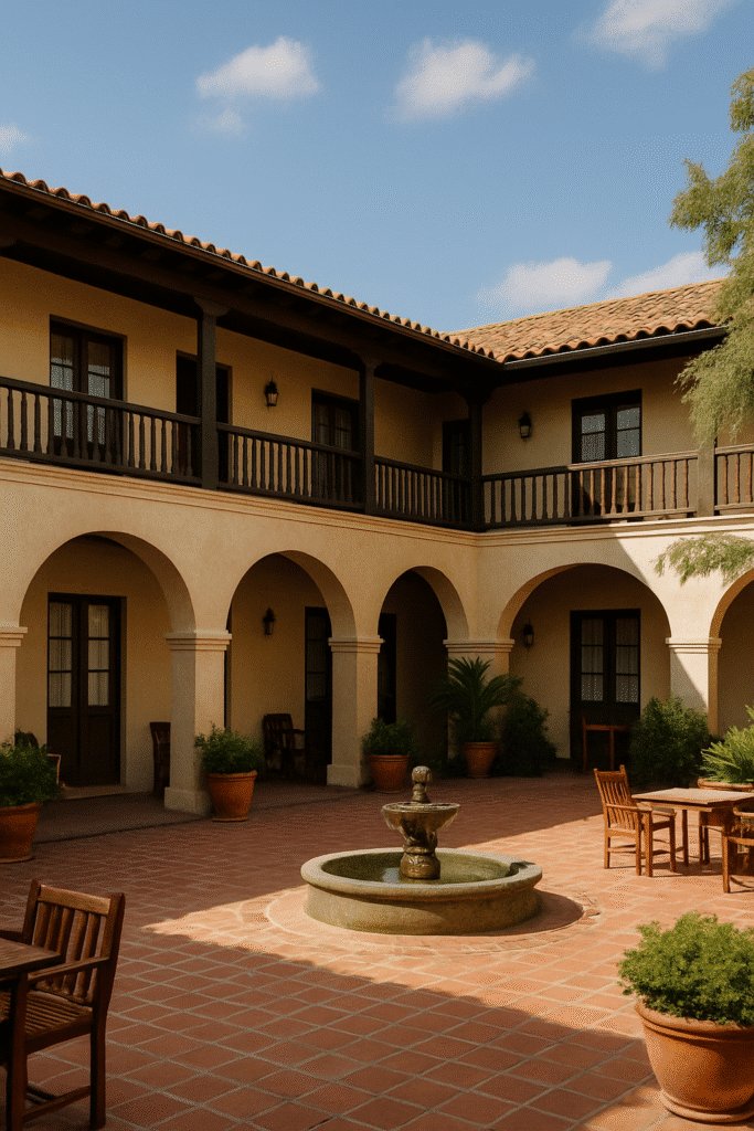 A Mediterranean-style courtyard with arches, terracotta tiles, and a central fountain, reflecting the charm of The Most Talked-About Marfa Boutique Hotels.