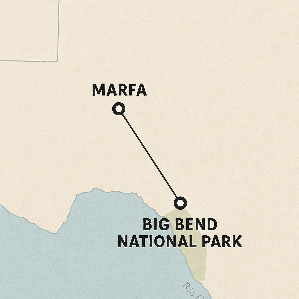 Simple map showing Where Exactly Are Marfa and Big Bend, highlighting their locations in West Texas.