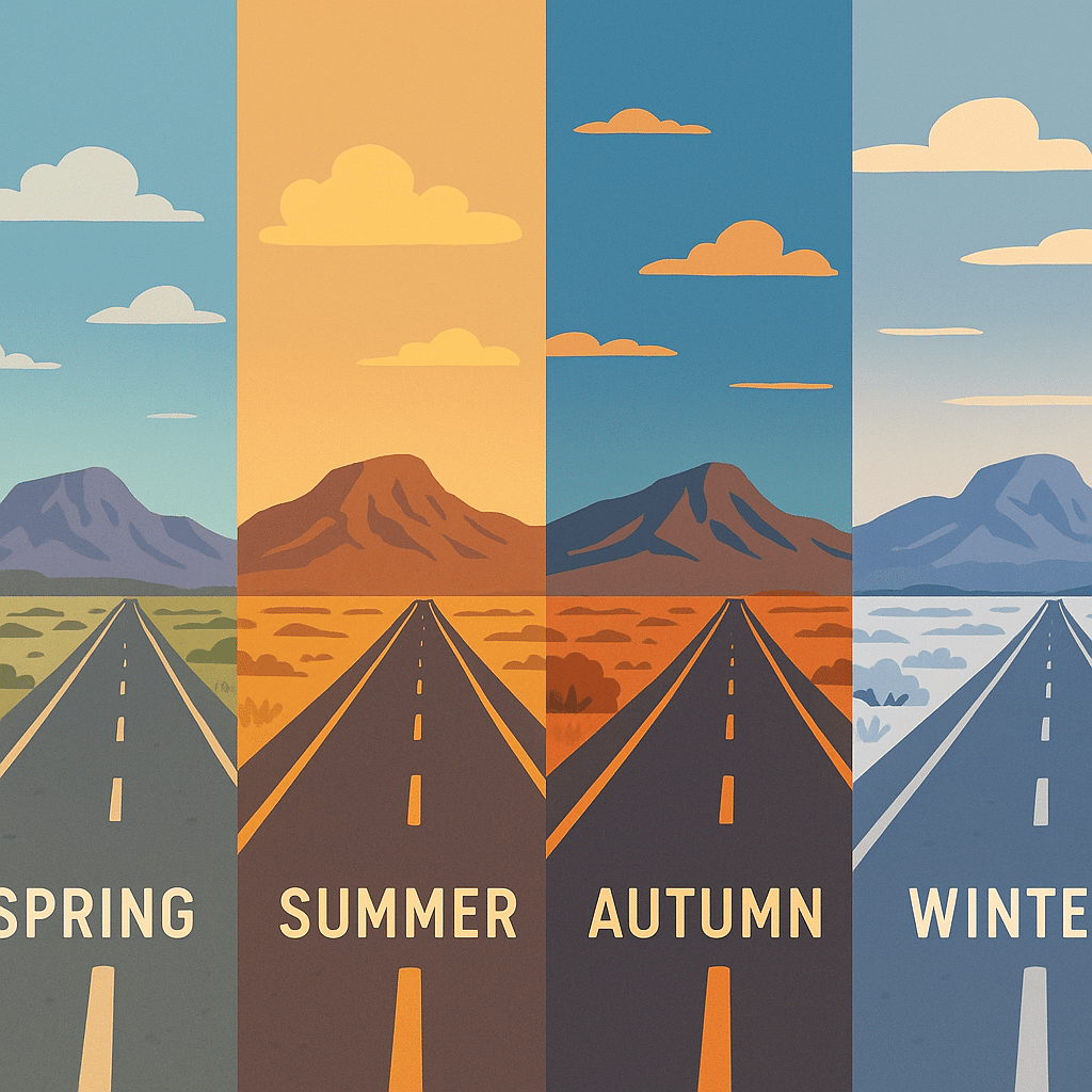 Illustration of seasons showing the Best Time to Travel from Marfa to Big Bend National Park with scenic desert roads.