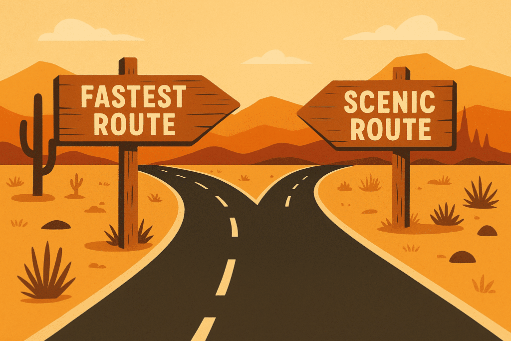 Desert road splitting into two paths, symbolizing route options for a Marfa to Big Bend road trip adventure.