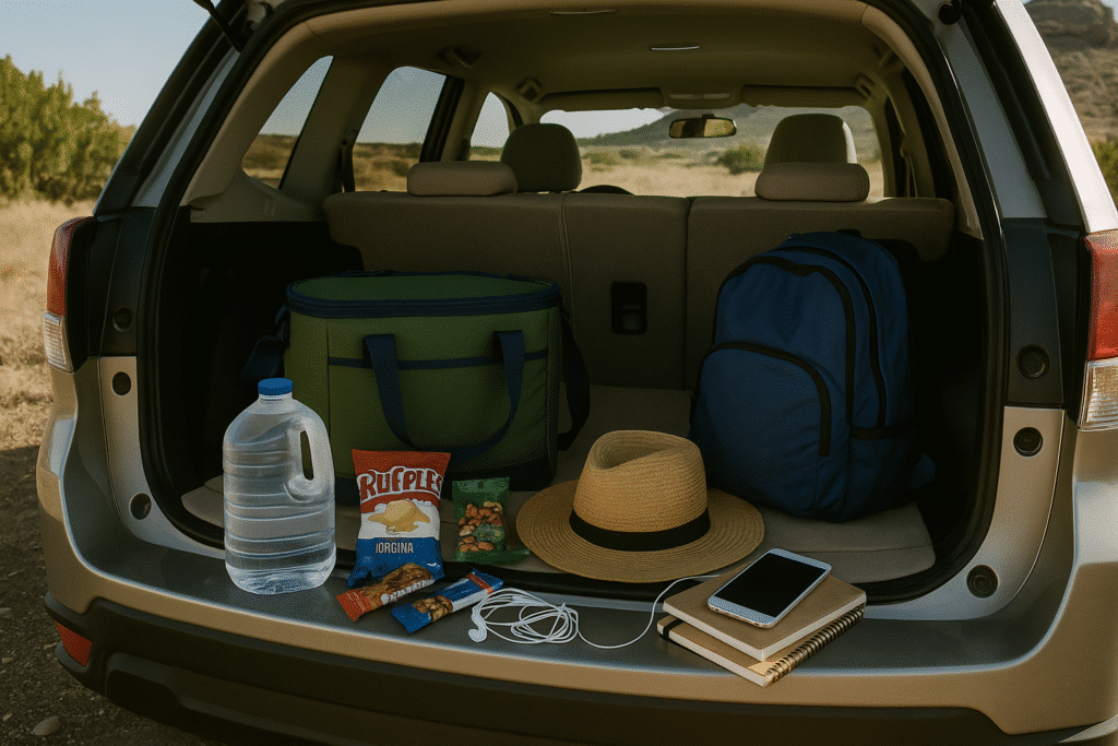 SUV trunk packed with road trip essentials like water, snacks, backpack, hat, and cooler in a desert setting.