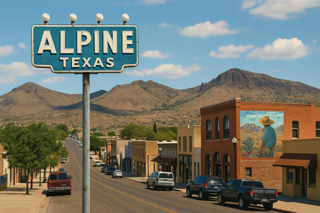 View of Alpine, Texas, with a vintage town sign, mural-covered building, parked cars, and mountains in the background.