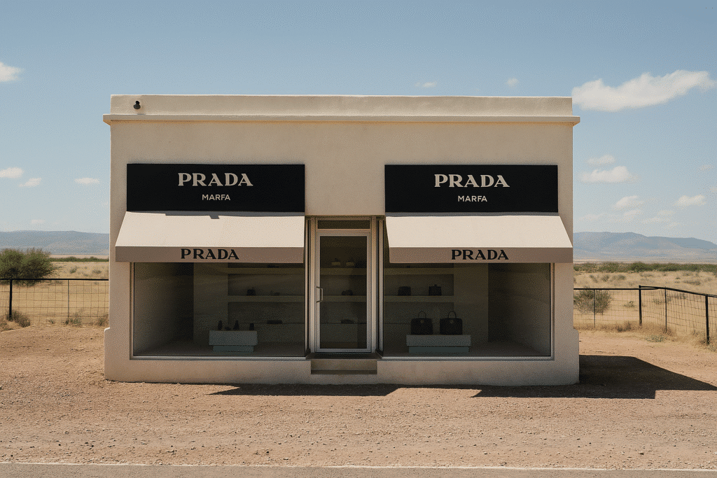 Iconic Prada Marfa installation in the Texas desert with clear skies and distant mountains.