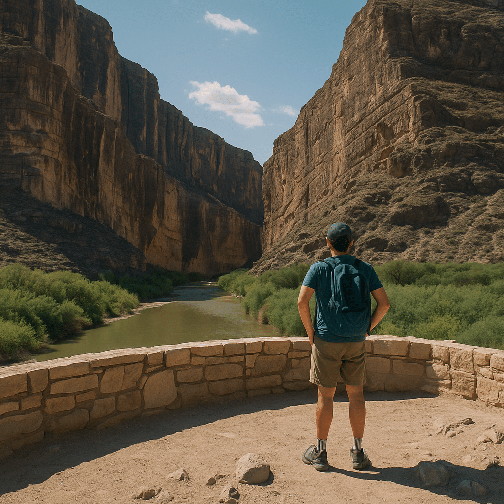 Hiker overlooking Santa Elena Canyon and the Rio Grande in Big Bend National Park, Texas.