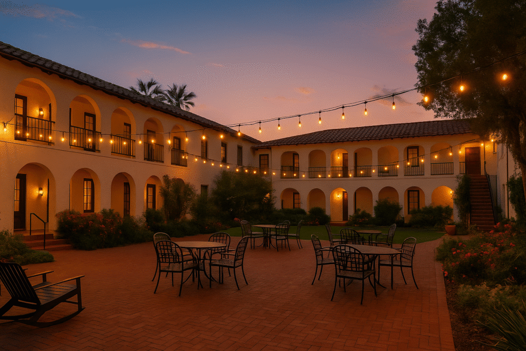 Spanish-style courtyard hotel in Marfa with string lights and outdoor seating at sunset.