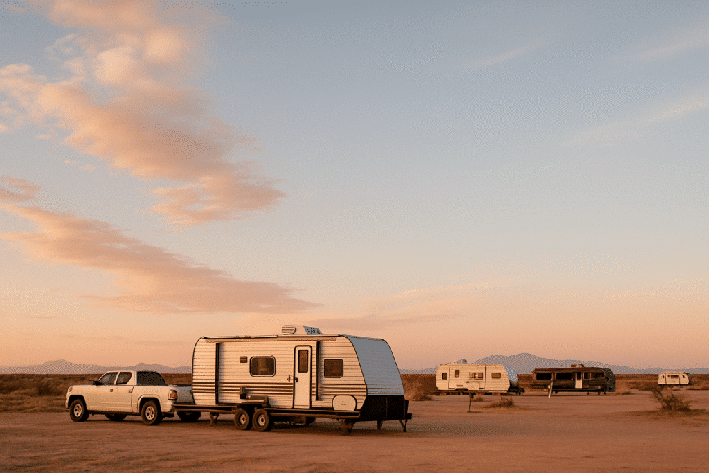 Scenic desert view of Marfa TX RV parks at sunset with RVs and a pickup truck under a colorful sky.
