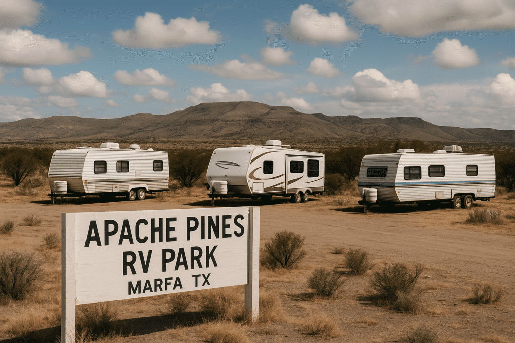 Apache Pines RV Park Marfa TX – A Little Rustic, a Lot Chill with RVs parked in the desert under a bright blue sky.