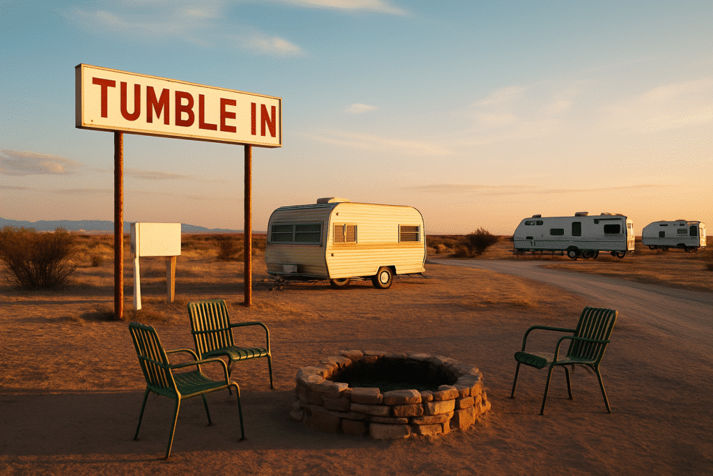 What It’s Really Like to Stay at Tumble In RV Park in Marfa TX with vintage trailers, desert views, and a cozy fire pit at sunset.